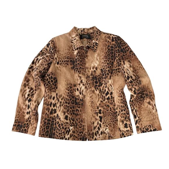 Dana Buchman Linen Jacket Womens Size 12 Brown Leopard Animal Print Full Zip - Picture 1 of 7